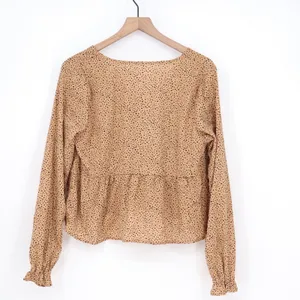 SHEIN Tan Dalmatian Dot V-Neck Peplum Blouse Front Tie Long Sleeve Top Large thumbnail 5