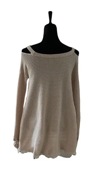 Free People Women’s Waffle Knit Top Moonshine Cold shoulder Raw‎ Hem thumbnail 1