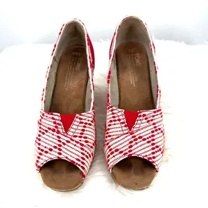 Toms size 6.5 red white‎ wedge heels peep toe slide on thumbnail 2