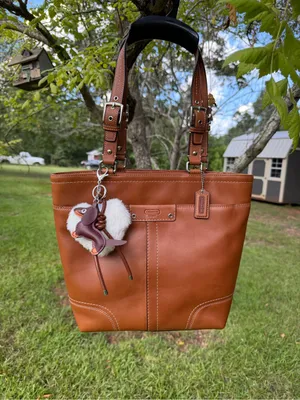 Coach Hamilton F13089 Burnished Leather Tote Cognac Brown Bag Dog Charm thumbnail 2