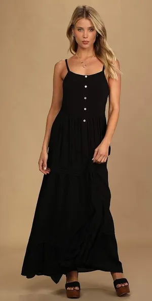 Lulus Favorite of the Day Tiered Maxi Dress Women XL Lined Black Boho Beach thumbnail 1