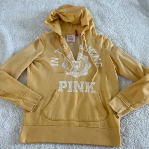 VTG Y2K Victoria's Secret PINK Hoodie Yellow V-Neck Graphic Print College Preppy thumbnail 2