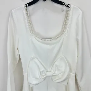 Lulus Luminous Aesthetic White Pearl Bow Long Sleeve Romper Wedding Bridal S NWT thumbnail 8