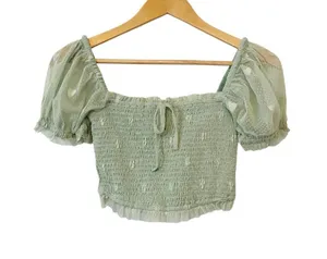 Unique Vintage Mint Green Puff‎ Sleeve Cropped Short Sleeve Top Size Small 4 thumbnail 1