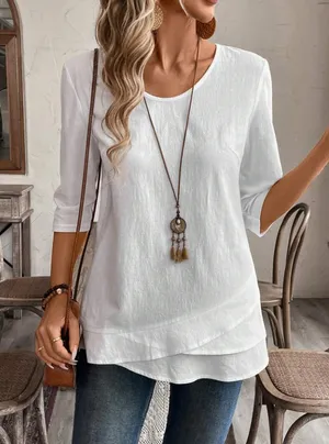 White loose-fitting short-sleeved cotton and linen top thumbnail 1