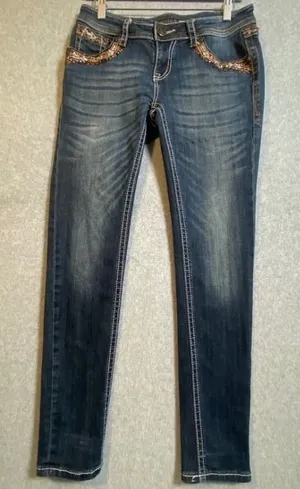 Grace in LA Jeans Womens 28 Blue Embroidered Sequin Pocket Western Distressed thumbnail 1