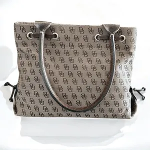 Dooney & Bourke Signature Monogram Tote Bag Brown Canvas Leather Trim Drawstring thumbnail 3