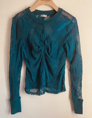 Free People Cool With It Lace Long Sleeve Top Teal Sheer Floral Mesh Size M thumbnail 1