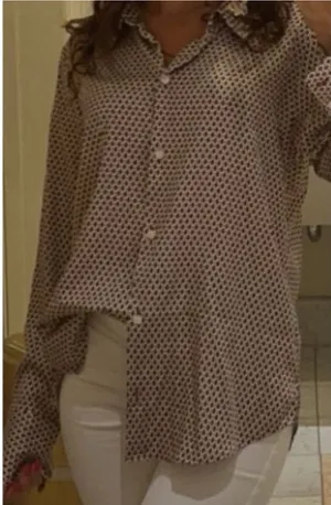 NWT Abercrombie & Fitch patterned satin button up geometric brown white blouse L thumbnail 1