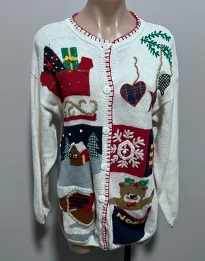 Crystal Kobe Ugly Christmas Sweater Cardigan Presents Sleigh Snowflake Noel thumbnail 1