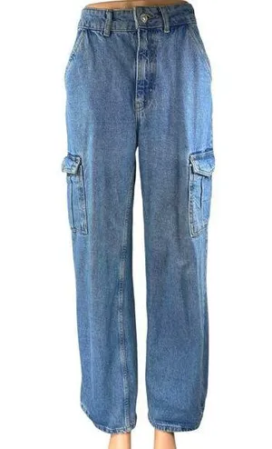 Zara Women's Blue High Waisted Straight Wide Leg Cargo Denim Jeans Pants Size 2 thumbnail 1