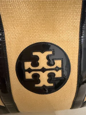 Tory Burch Tan Canvas Tote with Black Patent Leather Trim thumbnail 3