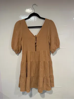 Aerie Cotton Textured Tie-Front Tiered Mini Dress‎ in Camel thumbnail 4