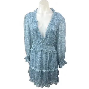 Blue White Floral Chiffon Ruffle Tiered Balloon Sleeve Mini Fit & Flare Dress XL thumbnail 2