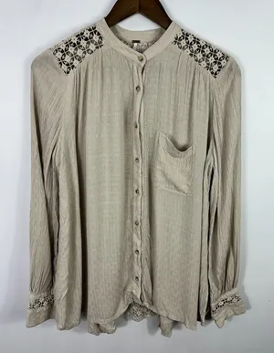 Free People Button‎ Down Blouse Womens Small Tan Lace Crochet Gauze Boho Top thumbnail 1