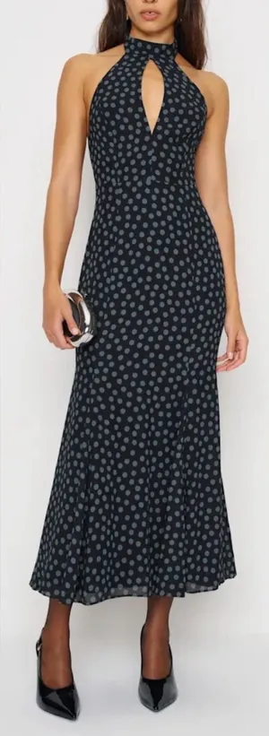 NEW REFORMATION Noele Maxi halter Dress blue Black polka dot sz 4 thumbnail 1