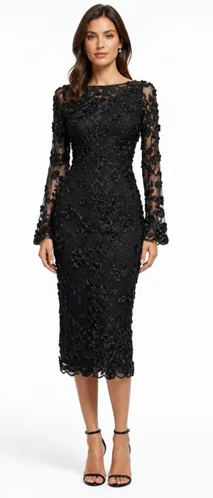 AQUA Formal - Black 3D‎ Floral Appliqué Sheer Sleeve Midi Dress thumbnail 1
