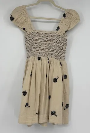 Free People Tory Embroidered Mini Dress XS Tea Combo Smocked Puff Sleeve thumbnail 1