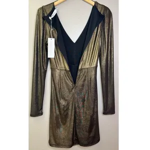 NWT Bishop + Young Luxe Metallic Long Sleeved Ruched Fitted Mini Dress Party thumbnail 4
