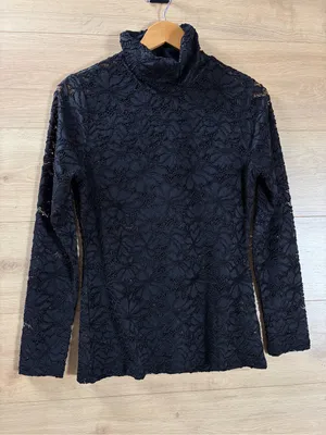 White House | Black Market Black Lace Turtleneck Long-Sleeve Top Small thumbnail 2