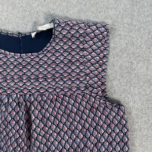 LOFT Women's Small Pleated Paisley Printed Blouse Navy Blue Round Neck Lined thumbnail 2