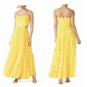 AMUR Maxi Dress Womens 6 Yellow‎ Pleated Cut-Out Ruffle Silk Chiffon Gown thumbnail 2