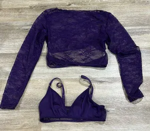 Purple Lace Long Sleeve Crop Top and Bralette Set - lingerie thumbnail 1