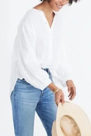 Madewell White Shimmer Stripe Button-Down Peasant Top thumbnail 1
