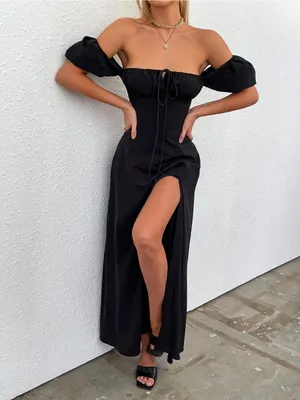 $69 NWOT Marthea Puff Sleeve Tie Front Off Shoulder Slit Thigh Dress - Black M thumbnail 5