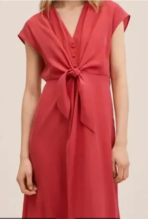Mango Coral-Red Tie-Waist V-Neck Maxi Dress size 10. thumbnail 1