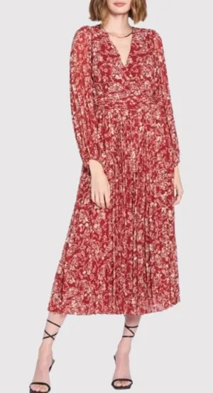En Saison Womens Dress Red Maxi V Neck Floral Puff Sleeve Pleated Fairycore XS thumbnail 1