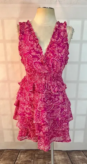 Fate Pink White Paisley V-Neck Chic Ruffle Tiered Sleeveless Mini Dress Small thumbnail 1