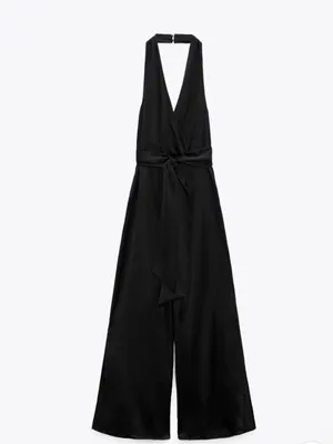 ZARA Jumpsuit Black V Neck Satin Effect Halter Wide Leg S thumbnail 7