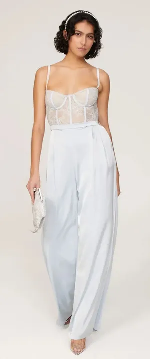 Katie May Sz Small Light Blue Tink Satin Lace Corset Wide Leg Cocktail Jumpsuit thumbnail 1