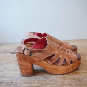 Bed Stu 6.5 Leather Platform Sandals Tan Excellent Stitch Wood Heel Boho Western thumbnail 2