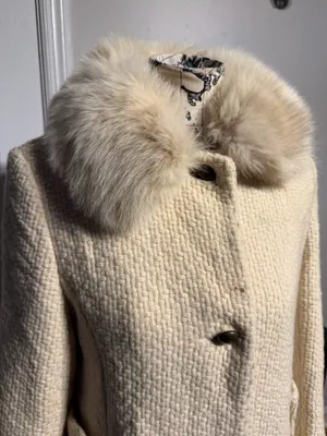 MADELINE by Alorna Wool Textured Tweed Dyed Fox Finland Cream Long Coat Fox Fur Collar Sz 12 thumbnail 2