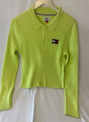 tommy hilfiger sweater XL Lime Green Zip Up Ribbed Top thumbnail 1