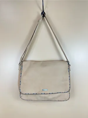 Burberry Fragrance Messenger Bag Tan Beige Plaid Trim Crossbody Adjustable thumbnail 2