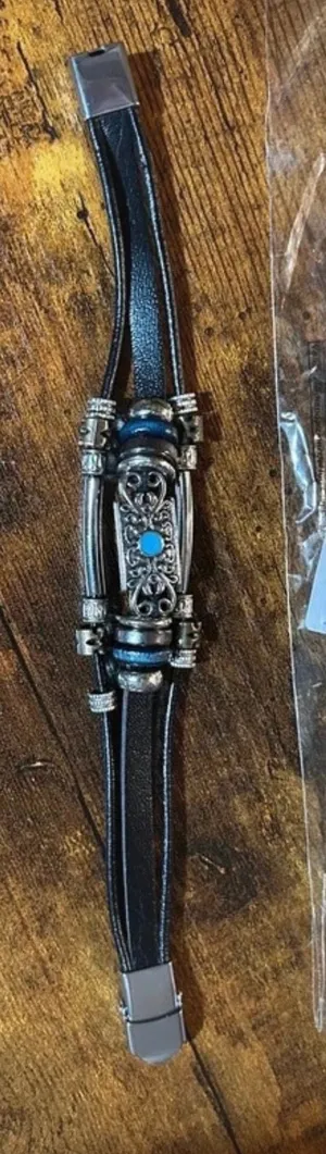 Vintage Multilayer Black Leather Bracelet Silver Accents and Turquoise Stone thumbnail 1