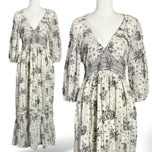 Free People Bohemian Billowy Ethereal Floral Golden Hour Maxi Dress Ivory XL thumbnail 5
