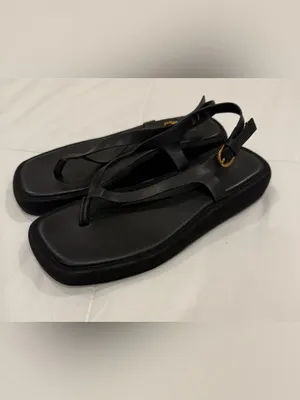 ZARA 1 Black Leather Flatform Thong Sandals Square Toe Slingback 38 / US 7.5 thumbnail 2
