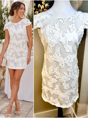 Dress the Population Brooke White Sequin Illusion Mesh Cap Sleeve Dress Sz XS💛 thumbnail 2