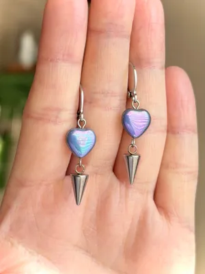 Handmade Czech glass heart & spike dangle earrings💜🩵💙 thumbnail 3