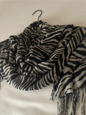 New York & Company Black and White Zebra-Striped Fringe Scarf thumbnail 4