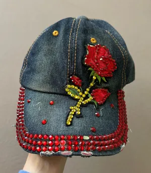 Grunge Y2K Bedazzled Distressed Denim Baseball Cap Blue thumbnail 1