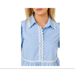 Mainstrip Puffed Sleeve Ric Rac Trimmed Solid Mini Dress‎ Blue Size Large thumbnail 2
