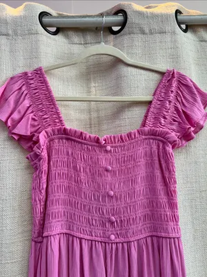 Mock Button Down Smocked Ruffle Detail Midi Dress Pink thumbnail 6