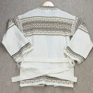 Glamour Knit Vintage Fair Isle Cardigan Sweater White Brown Geometric Belted M thumbnail 2