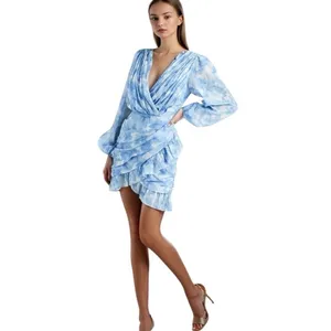 Showpo blue floral long sleeve mini dress wedding spring feminine ruffle thumbnail 11