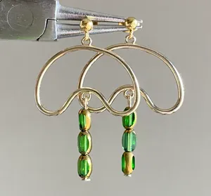 Handmade unique shaped green & gold glass beads chic dangle earrings💚🌞💚 thumbnail 1